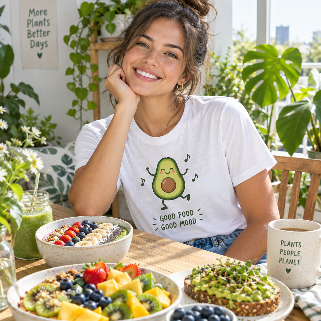 Woman wearing Vegan Avocado T-Shirt at a bright sunny brunch table with fresh fruit and plants
